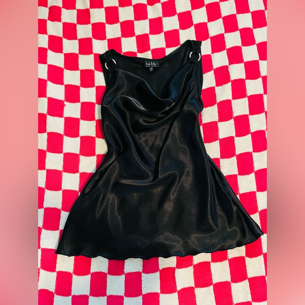 Nicole Miller Black Shimmer Y2K Grunge Fairy Goth Satin/Silk Feel Cowl-Neck Top